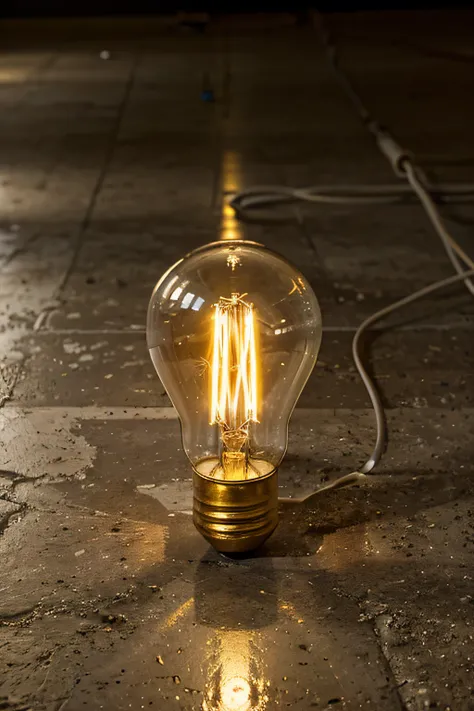 "light bulb lying horizontally on the concrete floor, filament light up slightly"