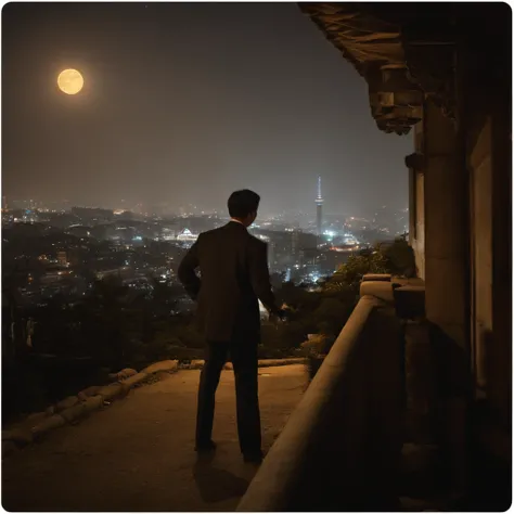 Blurred night view of Seoul city, The light of the car, Flickering buildings, The citys demolition, And the moon rising in the distance forms the background. One man stands with his back turned. The stars shining above the man shine softly. Under the mans ...