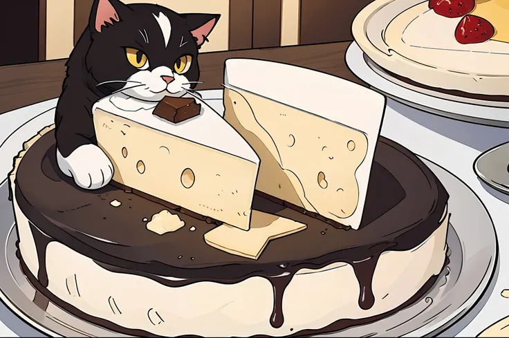 A black and white cat eating a portion of cheese cake. Highly detailed, close up