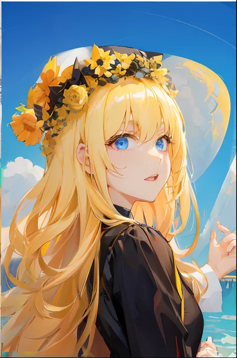 A blonde girl in a black shirt，Stand outside，blue-sky，baiyun