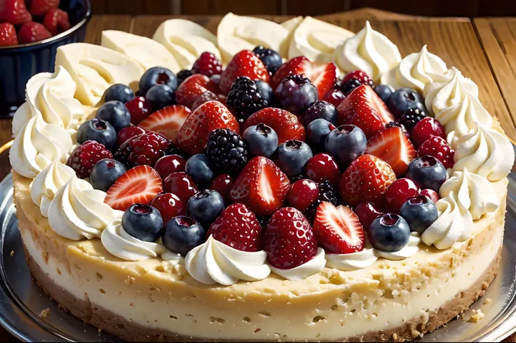 Close up of a delicious cheesecake, a portion cut, some colourful berries on the top.