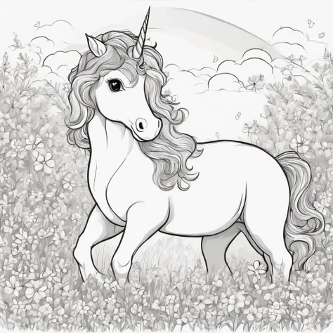 Cute unicorn in a field of little amount of flowers, a rainbow, cartoon style, Line drawing background, White background, monochrome, line-drawing, ((sketch)), Baby Coloring Thick lines sharpened.