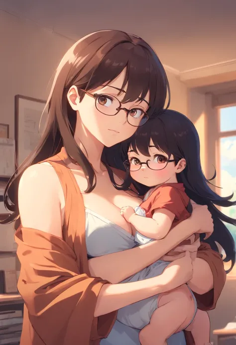 a mother, glasses, brown hair, bangs, brown clothes, holding her baby girl, long black hair, bangs, newborn clothes, nursery ((huge boobs)) ((nipples)) ((pussy))