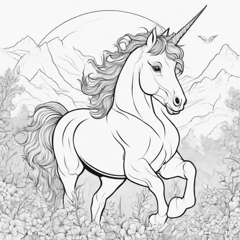 fantasy unicorn cartoon style, Line drawing background, White background, monochrome, line-drawing, ((sketch)), Baby Coloring Thick lines sharpened.