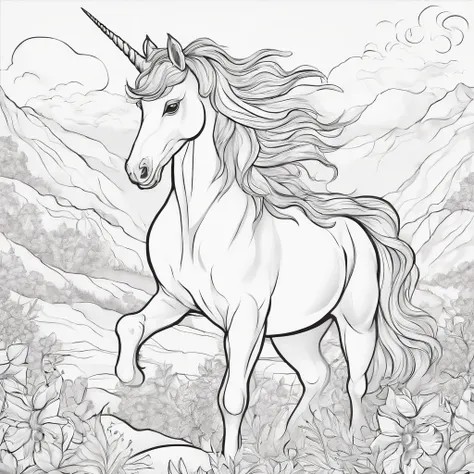 fantasy unicorn cartoon style, Line drawing background, White background, monochrome, line-drawing, ((sketch)), Baby Coloring Thick lines sharpened.