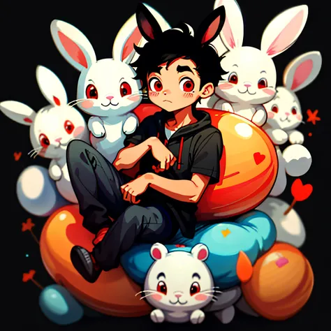 bunny（organism），A boy with，simple backgound，Cartoon Cute，full bodyesbian，Red eyes，Black hair