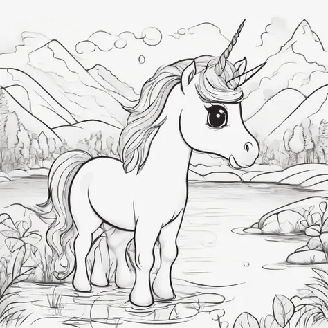 Cute kiddy unicorn near a river cartoon style, Line drawing background, White background, monochrome, line-drawing, ((sketch)), Baby Coloring Thick lines sharpened, remove grey tone