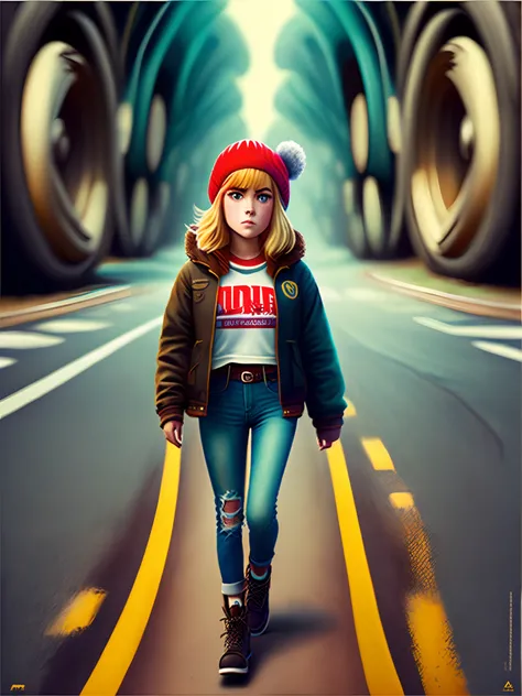 Poster promocional de disney pixar de una chica rubia que usa gorro, blusa corta y jeans rotos caminando por la carretera