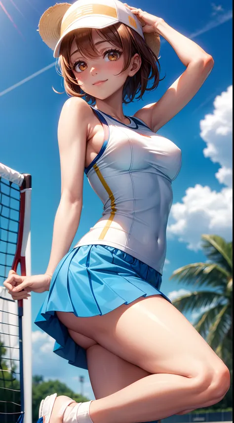 Hoshizora rin, bangs, beautiful, beautiful woman, perfect body, perfect breasts, wearing a tennis outfit, wearing a tennis hat, being on the tennis court, looking at the audience, a slight smile, masterpiece, textured leather, super detailed, high detail, ...