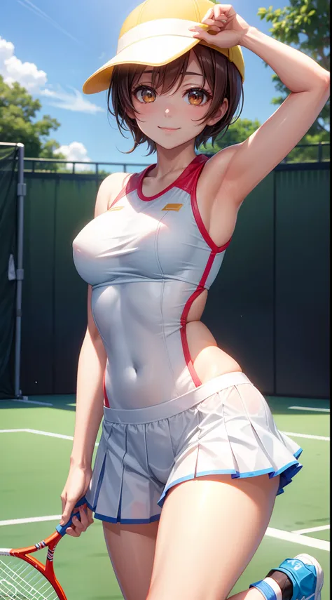 Hoshizora rin, bangs, beautiful, beautiful woman, perfect body, perfect breasts, wearing a tennis outfit, wearing a tennis hat, being on the tennis court, looking at the audience, a slight smile, masterpiece, textured leather, super detailed, high detail, ...