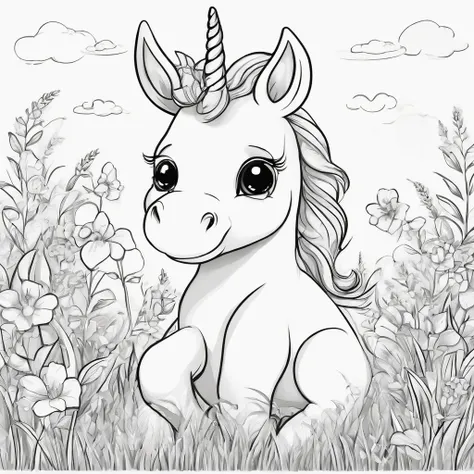 Cute kiddy unicorn eating grass cartoon style, Line drawing background, White background, monochrome, line-drawing, ((sketch)), Baby Coloring Thick lines sharpened, remove grey tone