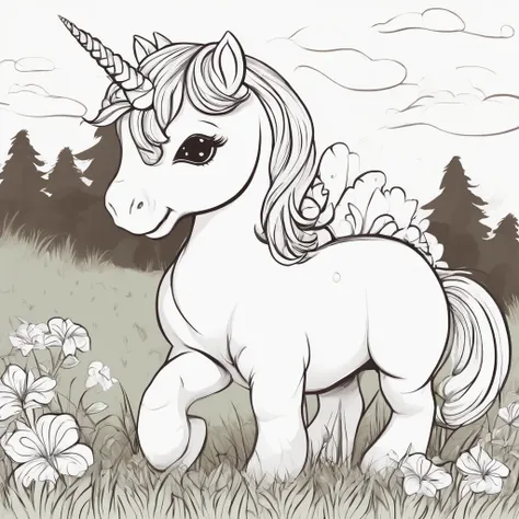 Cute kiddy unicorn eating grass cartoon style, Line drawing background, White background, monochrome, line-drawing, ((sketch)), Baby Coloring Thick lines sharpened, remove grey tone