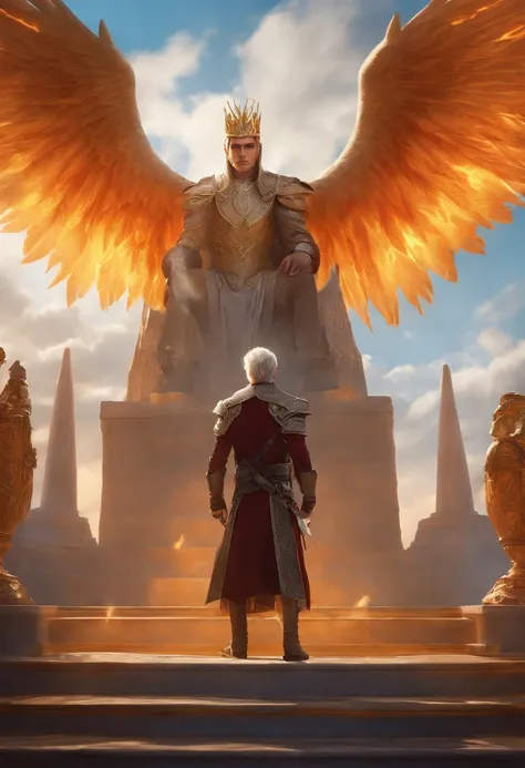 High detail, clarity, 8kk, Throne of Fire, young guy, 18 years old, light gray hair, short haircut, yellow eyes, with blue sky behind, fiery steps to the sky to the throne in front, realism, fantasy,