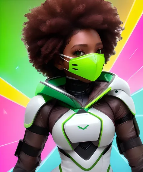 A dark brown skinned girl with (white) curly afro in a green electric hero suit and green face mask over her eyes with toxic green eyes and vitligo spots, shes in a cartoon hero style