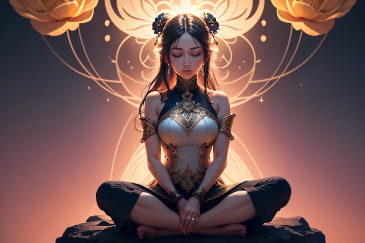 (the Extremely Detailed CG Unity 8K Wallpapers, floating, High color saturation), Masterpieces of Uma Imadem, Best Quality, Ultra-detailed, extremely delicate and beautiful, Silhouette of Uma Pessoa sitting in lotus position, Eyes closed、A meditative, Visu...