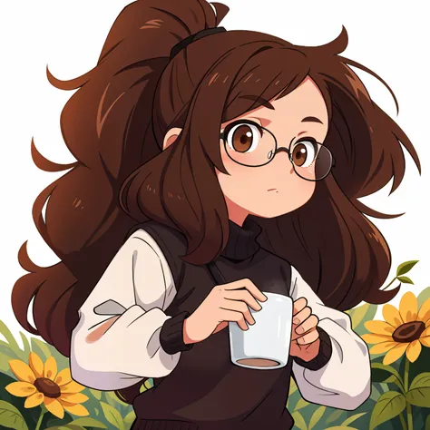 A  girl,Brown hair gathered in a ponytail, Brown eyes, black sweater with white sleeves, black glasses,