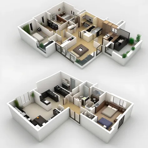 Interior 3D floor plan rendering on white background