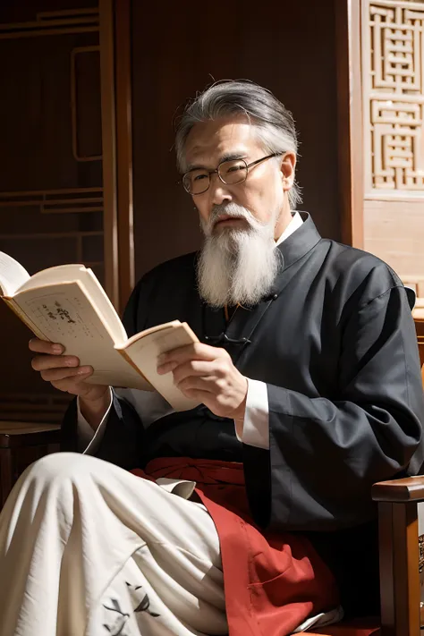 An old man in ancient China，Bring glasses，Only half of his face can be seen from the side，Sit down and read with your head down，He wears ancient Chinese clothing，Long white beard，looks smart，Ancient Chinese Taoism，Taoist master