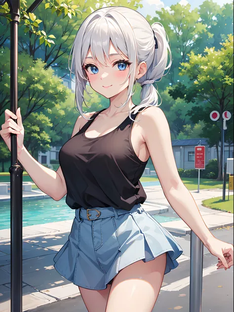 ((4K, ​master piece, Best Quality)), 1girl in, Medium White Hair, Beautiful sky blue eyes, Pony tail, Tank Tops, Mini skirt, at noon, Park, Cute, blush, medium breasts⁩, Smile