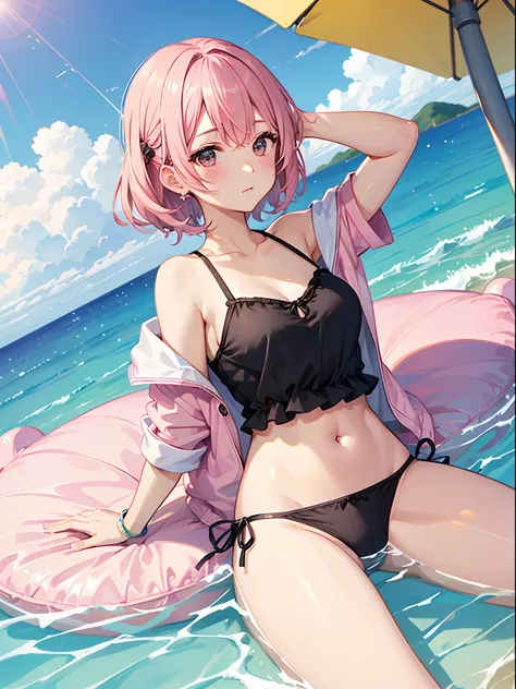 One girl、pink hair、PastelColors、cute little、blush、swim wears、summer