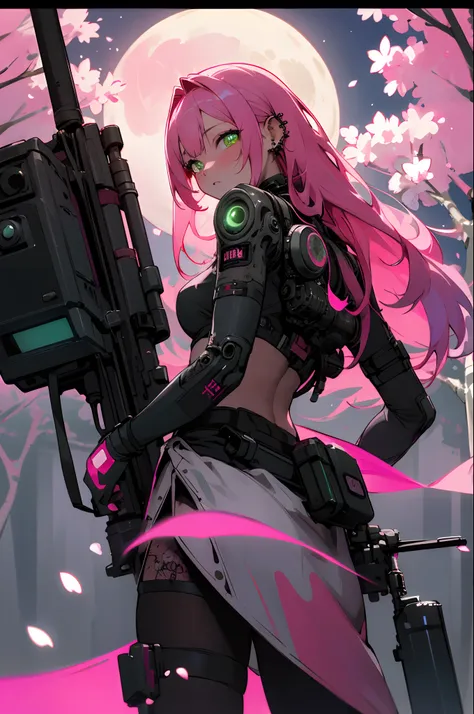 8K HD((masterpiece,best quality)),1girl, long pink colored hair, detailed glowing vibrant glowing green eyes, blushing, wearing highly detailed post apocalyptic cyberpunk gear, tons of tattoos and piercings, most beautiful full moon and stars in the sky, c...