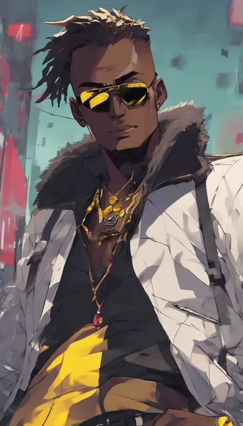 dark skin guy wearing yellow sunglasses black fur-trimmed coat over a dress shirt, and a beaded necklace. trigger anime artstyle, [[[[grinning evily]]]], portrait of ((mischievous)), , male anime character, young anime man, inspired by Miguel from Tekken, ...