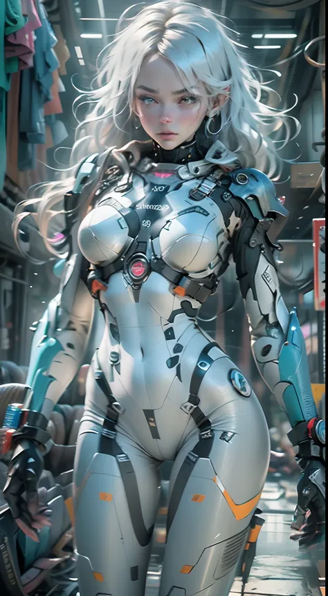 (((Young white woman))), ((Best quality)), ((Masterpiece)), (detail: 1.4), 。.。.。.。.3D, A beautiful cyberpunk woman with Simon Beasley style miniature pliers, Genesis evangelion neon style clothing, 2-piece clothing, Long silver hair, Arm this, cybernetic h...