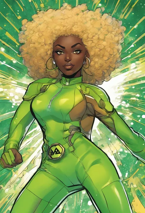 A dark brown skinned girl with (white) curly afro in a green electric hero suit and green face mask over her eyes with toxic green eyes and vitligo spots, shes in a cartoon hero style