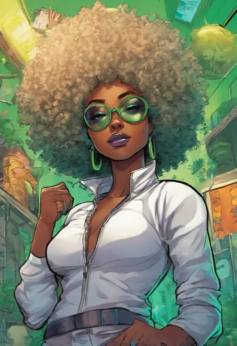 A dark brown skinned girl with (white) curly afro in a green electric hero suit and green face mask over her eyes with toxic green eyes and vitligo spots, shes in a cartoon hero style