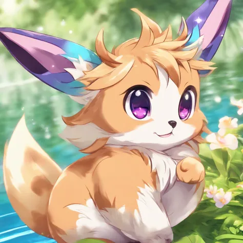 Eevee, (feral:1.6), hires, ((female focus)), (nintendo, pokemon), blushing, masterpiece, best quality, by zinfyu, detailed background, purple eyes, (petite:1.3), aroused expression, small butt, butt pose, poolside, white panties, (pussy juice stain)