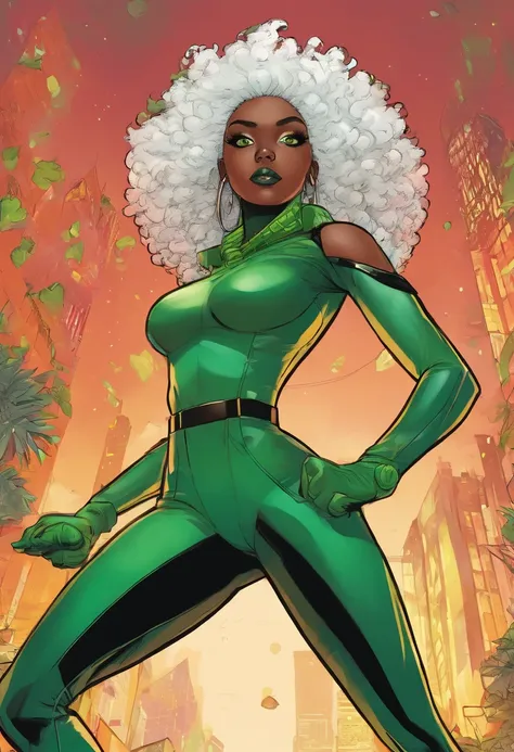 A dark brown skinned girl with (white) curly afro in a green electric hero suit and green face mask over her eyes with toxic green eyes and vitligo spots, shes in a cartoon hero style