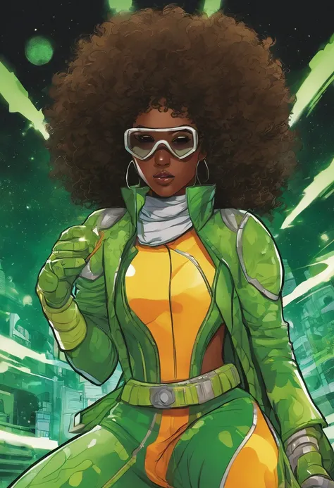 A dark brown skinned girl with (white) curly afro in a green electric hero suit and green face mask over her eyes with toxic green eyes and vitligo spots, shes in a cartoon hero style