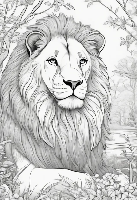 Lion coloring book in the forest, Cartoon style, dense lines, color no, White background , Stroke only