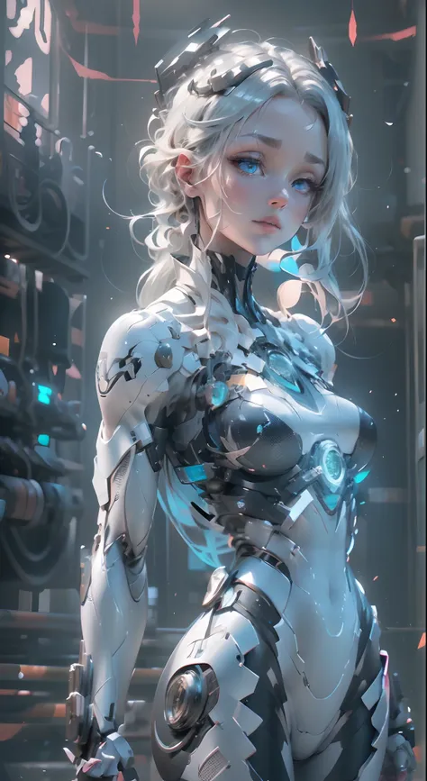 (((Young white woman))), ((Best quality)), ((Masterpiece)), (detail: 1.4), 。.。.。.。.3D, A beautiful cyberpunk woman with Simon Beasley style miniature pliers, Genesis evangelion neon style clothing, 2-piece clothing, Long silver hair, Arm this, cybernetic h...