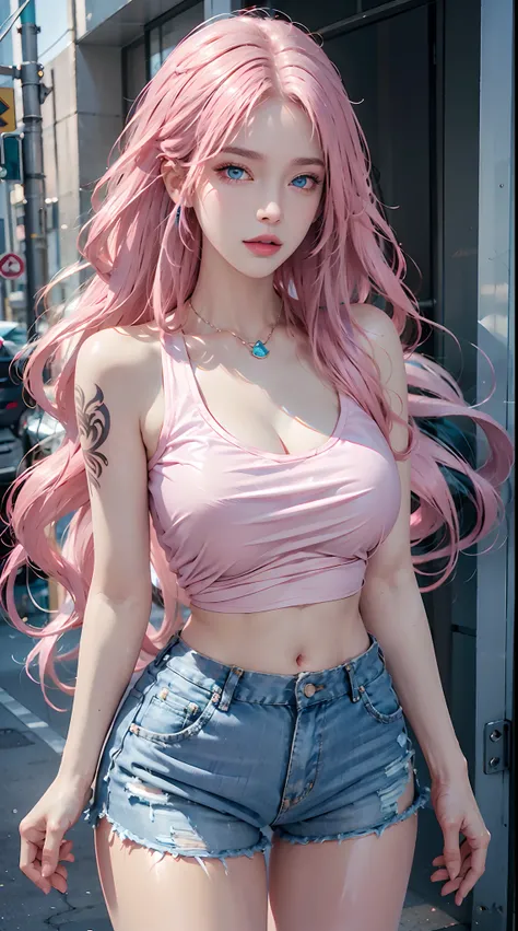 photorealistic, high resolution, 1women, shining skin, solo, tattoo, jewelry, (((pink lips, long while hair, blue eyes))), closed mouth, street wear, hips up, t-shirt, shorts