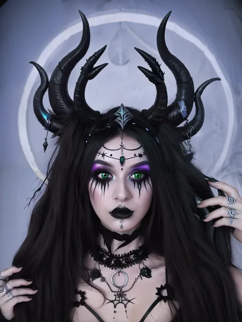 witch in horned headdress, in the style of deathcore, trapped emotions depicted, metalwork jewelry, tenebrism mastery, iconic