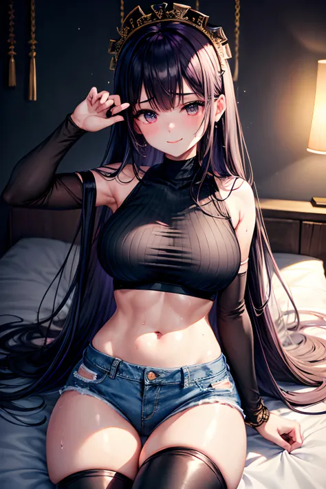 Jersey material is cotton、A slight smil、Transcendent beauty、Dark Gothic Makeup、Sweat glitters on my face、Sweat glitters on my thighs、The whole body is shiny with sweat.、Long hair straight hair、Purple hair、Transcendent cute face、Sit up、a bed、sprawl、Dark bla...