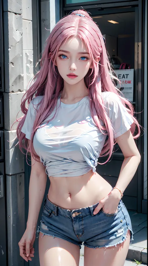 photorealistic, high resolution, 1women, shining skin, solo, tattoo, jewelry, pink lips, (((long while hair, blue eyes))), closed mouth, street wear, hips up, t-shirt, shorts