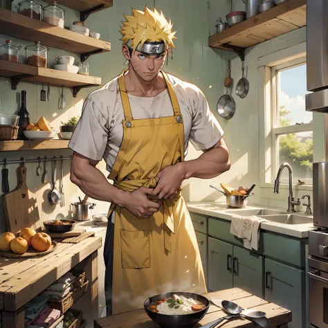 Naruto is hands tying the wellow apron