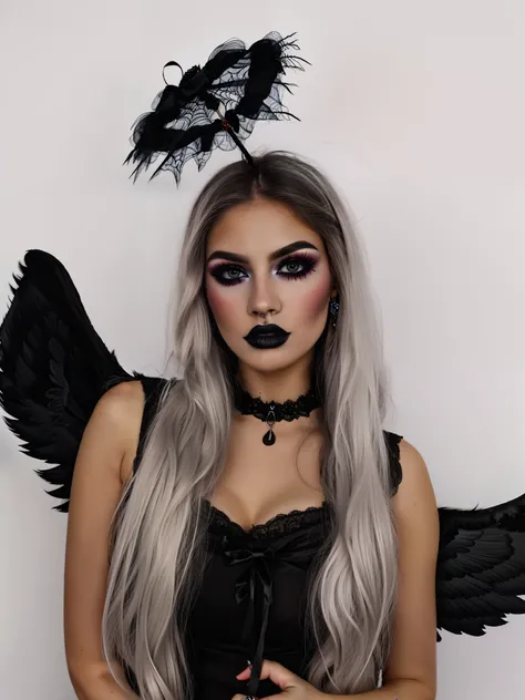 HighestQuali，tmasterpiece：1.2，Detailed details，1 Gothic girl，black eyeshadows，an angel dressed in black on a white background, in the style of cluj school, flowerpunk, halloween, social media portraiture, high quality photo, quito school, honeycor，