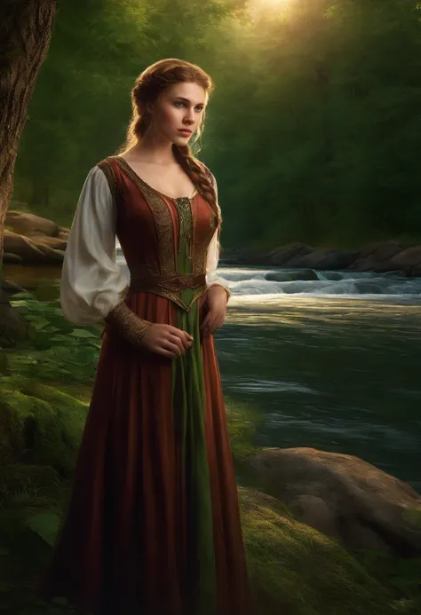 1 girl, age 19, light brown hair in a braid on one side, green eyes, colossal breasts, big neckline, wearing a medieval dress, standing by a river that flows through the forest, photorealistic, high detail, beautiful face, cute