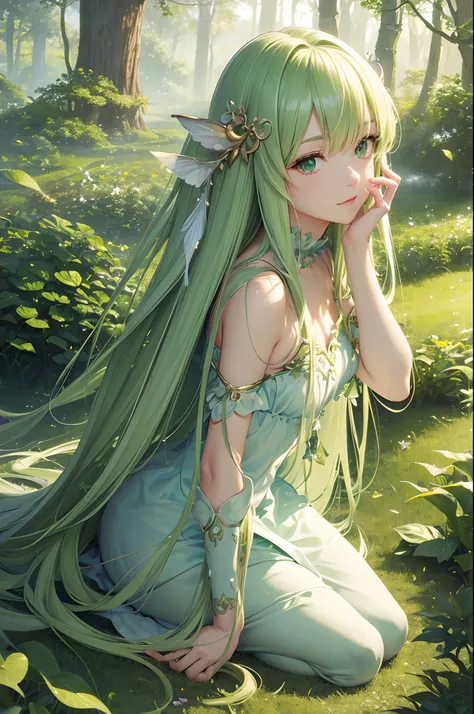 (Best Quality,hight resolution,masutepiece:1.2),Ultra-detailed,Realistic,Portrait,Painting,Green eyes,White Straight Hair,Nymphs,Full body,Dressed in grass,magical forest,Captivating setting,Nature,fairy wings.