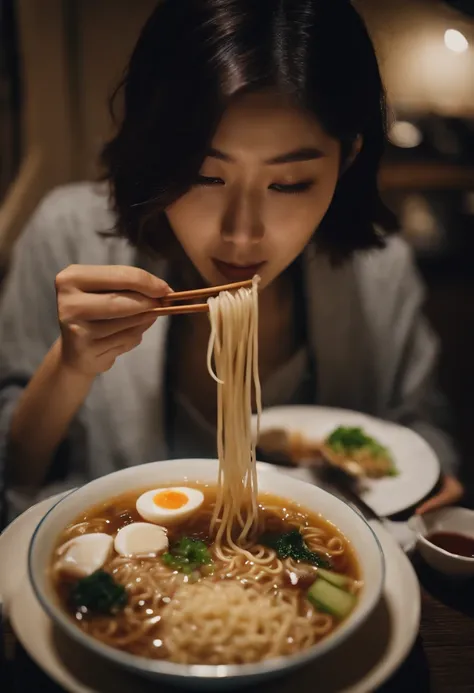 20-year-old Japan woman eating ramen looking very delicious