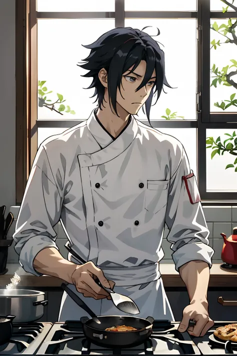 Masterpiece, best quality, tall muscular adult male, Sasuke handsome face and delicate eyes, intricate detail depiction, being in a cooking kitchen, flames bursting out of the oven, cooking action, profile pictures themed around anime food, ideas for the b...