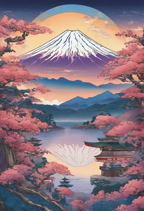 Mount Fuji, Honshu Island, (illustration: 1.0), epic composition, realistic lighting, high-definition detail, masterpiece, best quality, (very detailed CG unified 8k wallpaper), 1 man