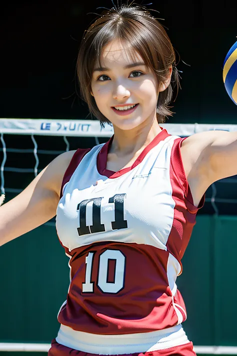 (realisitic, Photorealsitic:1.5), (top-quality:1.5), (超A high resolution:1.5), (​masterpiece), hyper realisitic, Bright lighting from front:1.8, (japanes), (１a person:1.5), (40 years),(Volleyball game:1.5), (Sleeveless uniforms:1.5), (A big smile), (Double...