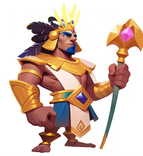 Clash Royale style，Cartoon image of a man with a scepter,metals，gold， Pedras preciosas，legendary god holding spear, Feather tiara decoration, God of Egypt, Portrait of a shaman, warrior character design, hero character art, concept art of a warrior, charac...