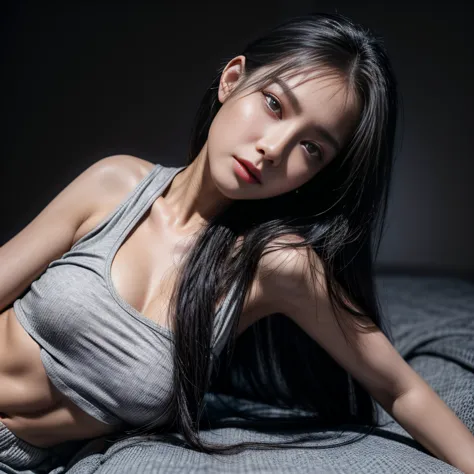 ((realistic face, seductive, adult look, white eyes)), (grey crop top, black underwear, short clothes), (black long hair), (20 years), (1 girl), (4k style))