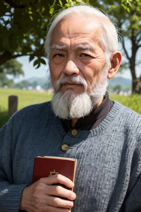 An old man with traditional Chinese thinking，Real frontal photos，Authentic background，The background is nature，holding books，worn-out clothing，Face full of wrinkles，80 years old Chinese medicine practitioner，Wise eyes，The beard is white，male people，country...