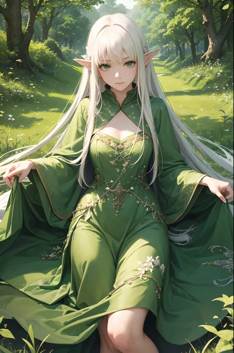 (Best Quality,hight resolution,masutepiece:1.2),Ultra-detailed,Realistic,Portrait,Painting,Green eyes,White Straight Hair,Nymphs,Full body,Dressed in grass,magical forest,Captivating setting,Nature,fairy wings.